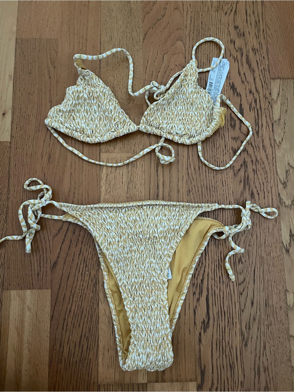 Oysho Yellow Smocked Triangle Bikini Top with Patterned Ties